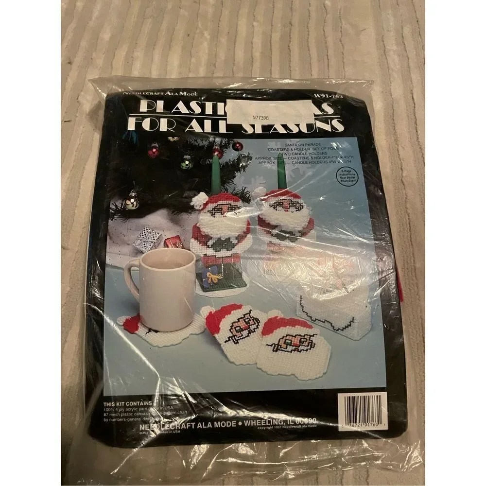 Vintage Needlecraft Ala Mode Plastic Canvas For All Seasons Kit Santa on Parade